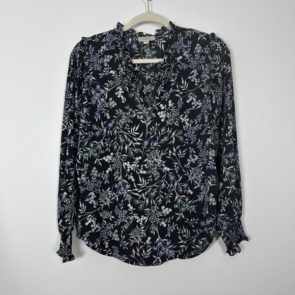 Loft Womens XS Dark Floral V-neck Long Sleeve Career Workwear Blouse Semi Sheer - Picture 1 of 5
